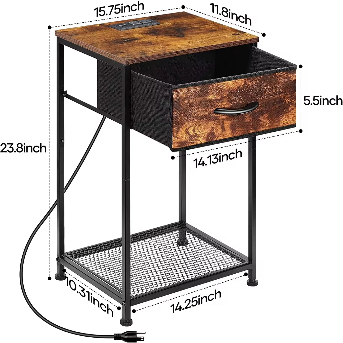 Nightstand End Table with Charging Station USB Ports Drawer