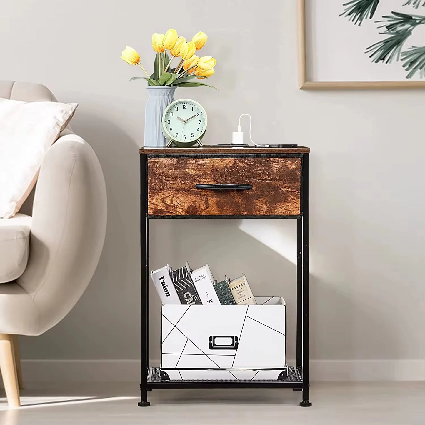 Nightstand End Table with Charging Station USB Ports Drawer