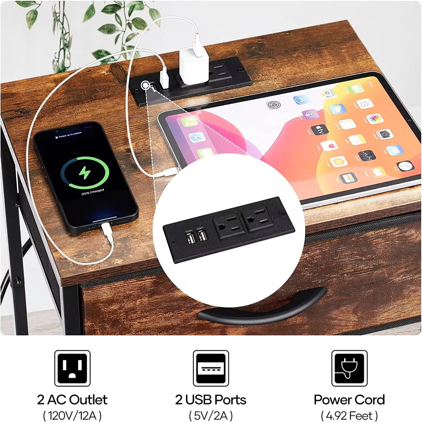 Nightstand End Table with Charging Station USB Ports Drawer